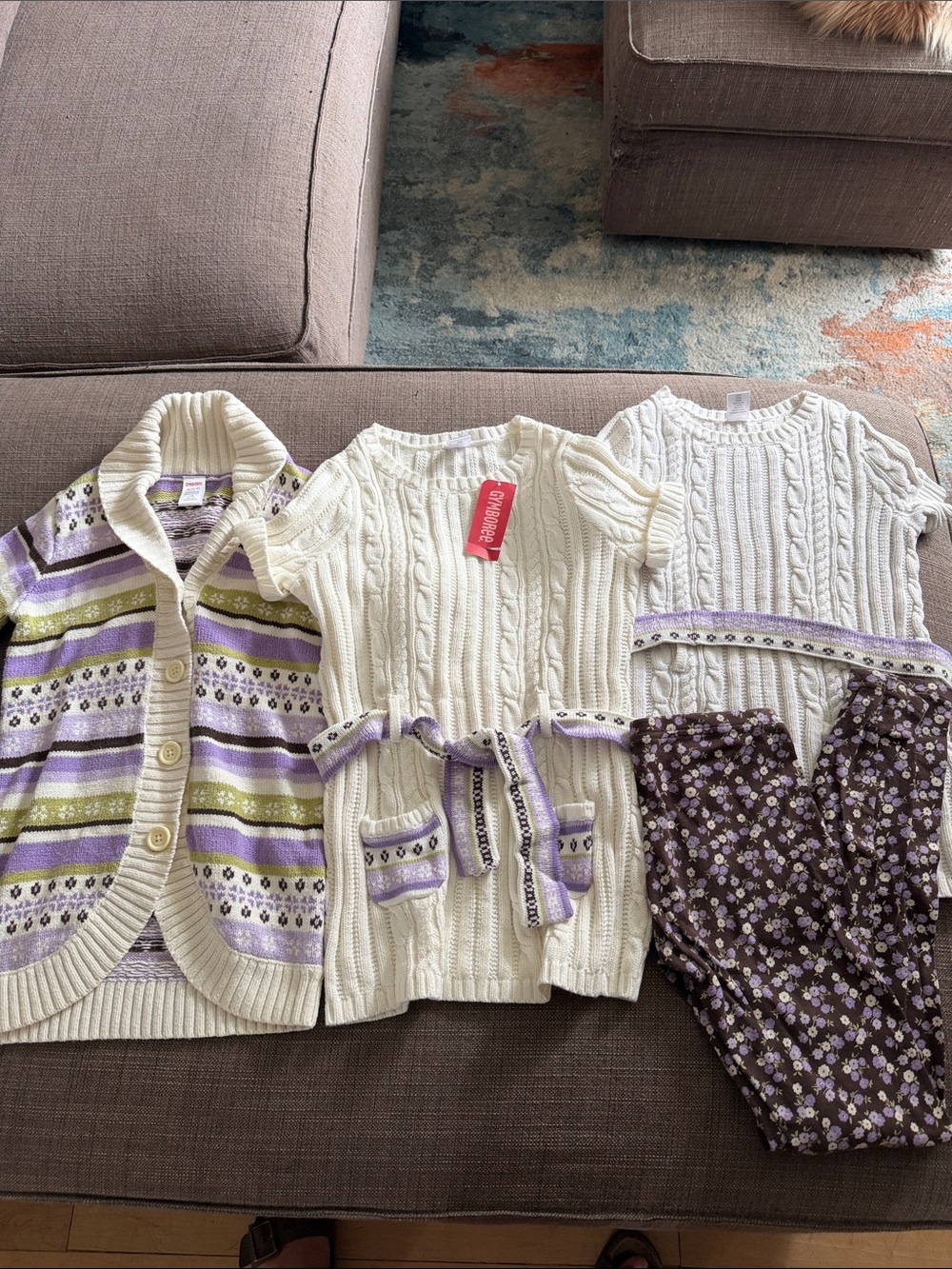 Gymboree Cream and Purple Knit Cardigan, Dress & Floral Leggings Set